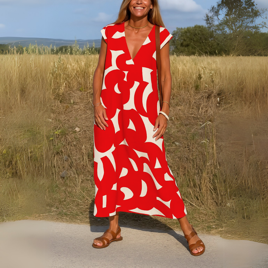 Women's Midi Dress | Geometric Print V Neck Cocoon Shape