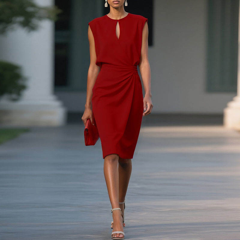 Women's Midi Dress | Keyhole Neck & Pleated Waist Design
