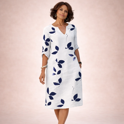 Women's Midi Dress | Leaf Print, Half Sleeve V-Neck