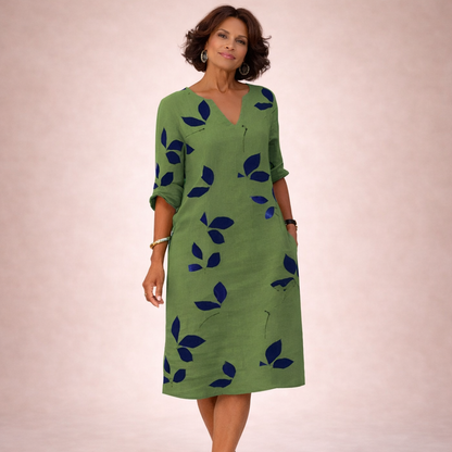 Women's Midi Dress | Leaf Print, Half Sleeve V-Neck