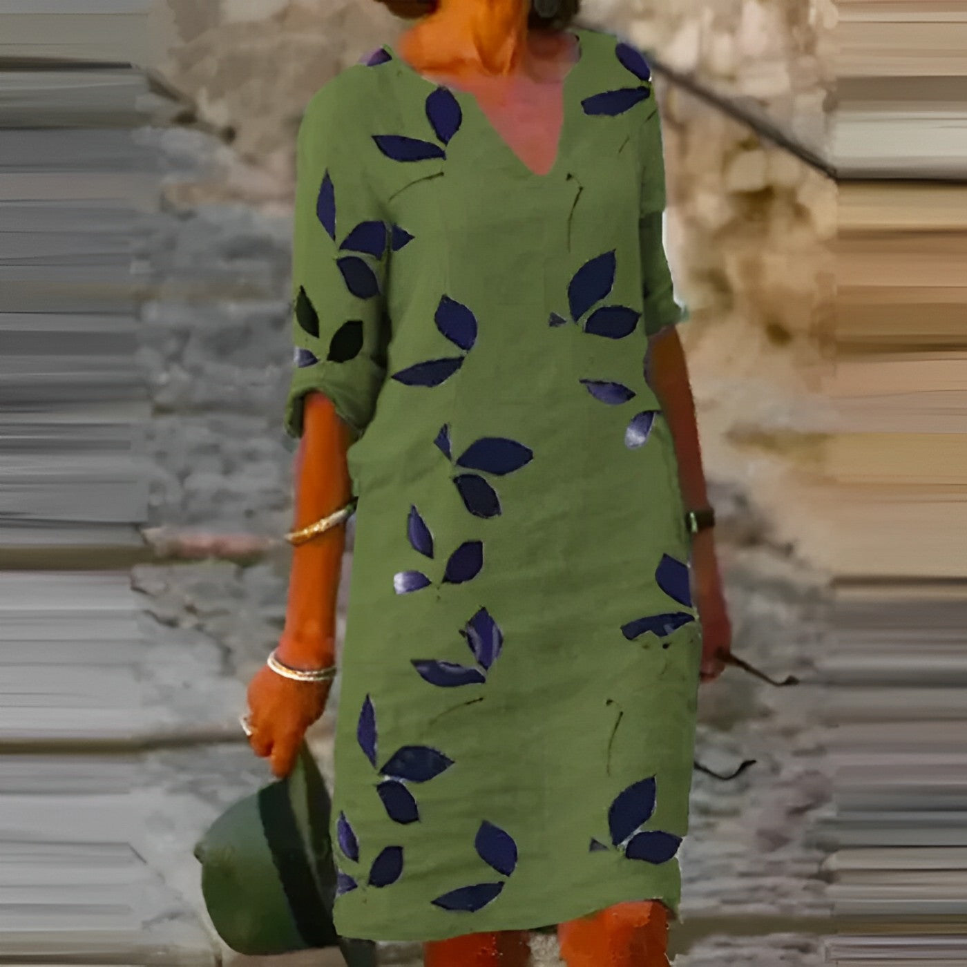 Women's Midi Dress | Leaf Print, Half Sleeve V-Neck