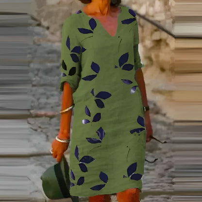 Women's Midi Dress | Leaf Print, Half Sleeve V-Neck