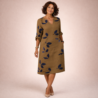 Women's Midi Dress | Leaf Print, Half Sleeve V-Neck