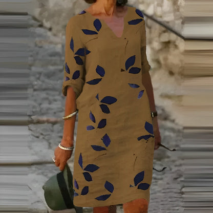 Women's Midi Dress | Leaf Print, Half Sleeve V-Neck