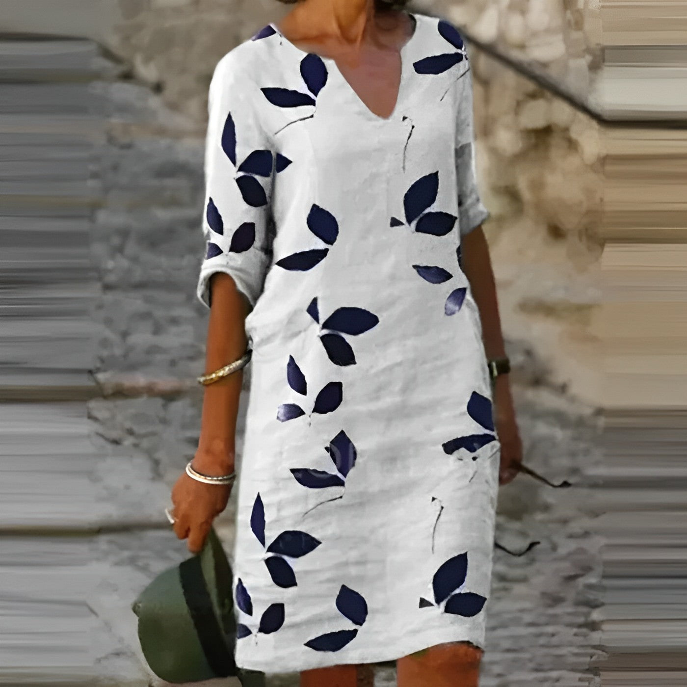 Women's Midi Dress | Leaf Print, Half Sleeve V-Neck