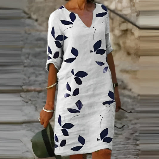 Women's Midi Dress | Leaf Print, Half Sleeve V-Neck