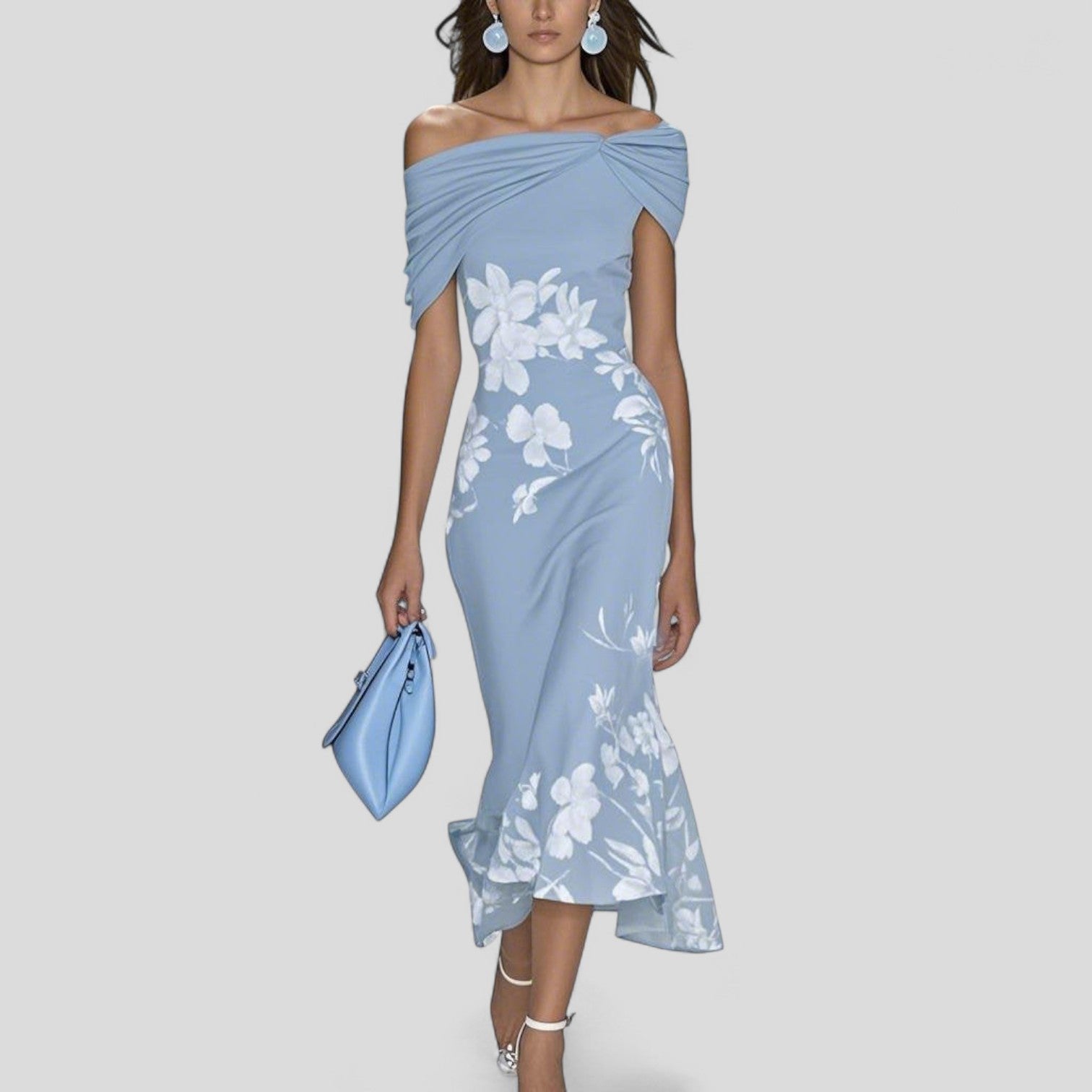 Women's Midi Dress | Off-Shoulder Floral Print & Ruffle Hem