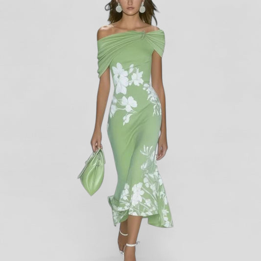 Women's Midi Dress | Off-Shoulder Floral Print & Ruffle Hem