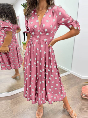 Women's Midi Dress | Polka Dot Button Front Tie Sleeve
