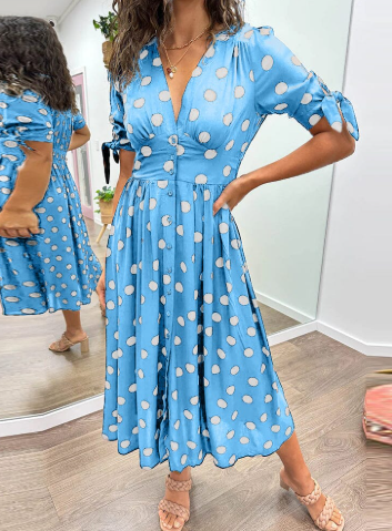 Women's Midi Dress | Polka Dot Button Front Tie Sleeve