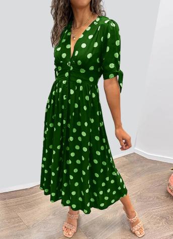 Women's Midi Dress | Polka Dot Button Front Tie Sleeve