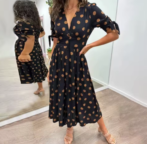 Women's Midi Dress | Polka Dot Button Front Tie Sleeve