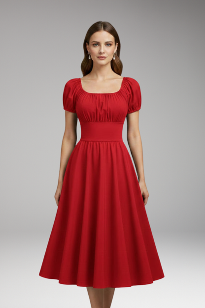 Women's Midi Dress | Puff Sleeves And A Wide Waistband
