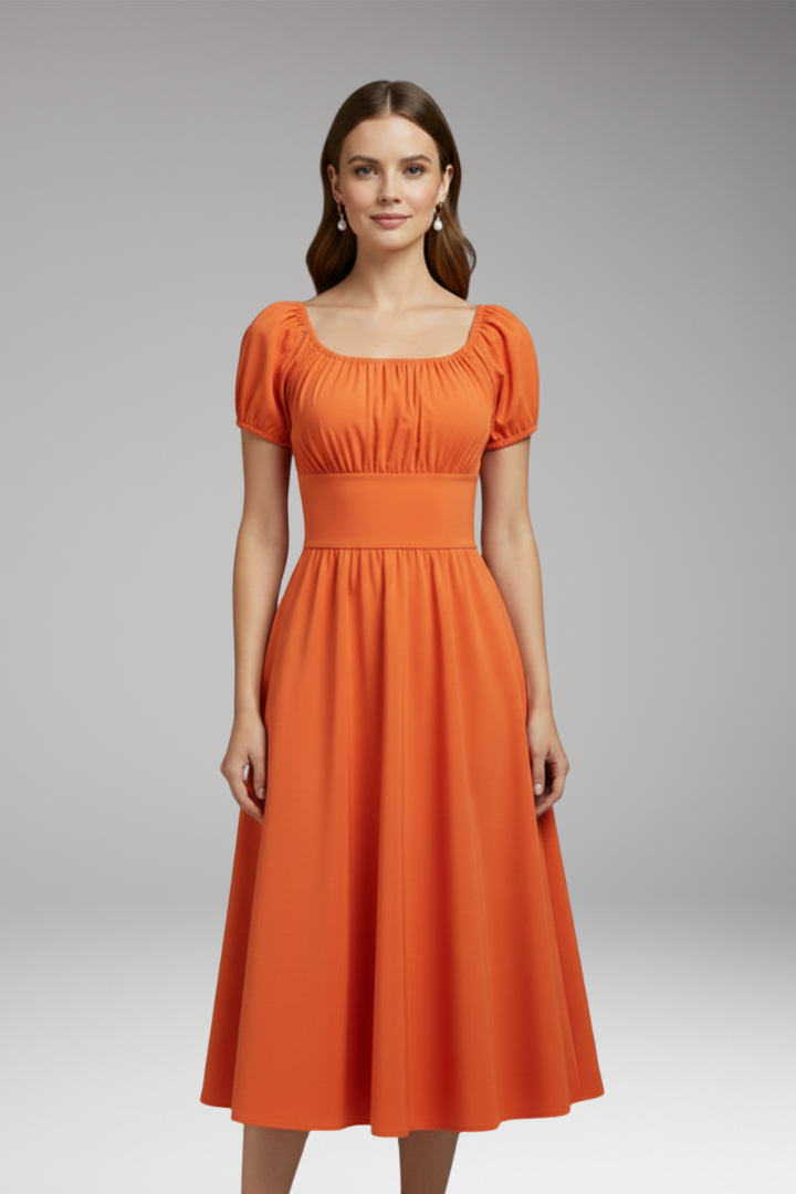 Women's Midi Dress | Puff Sleeves And A Wide Waistband