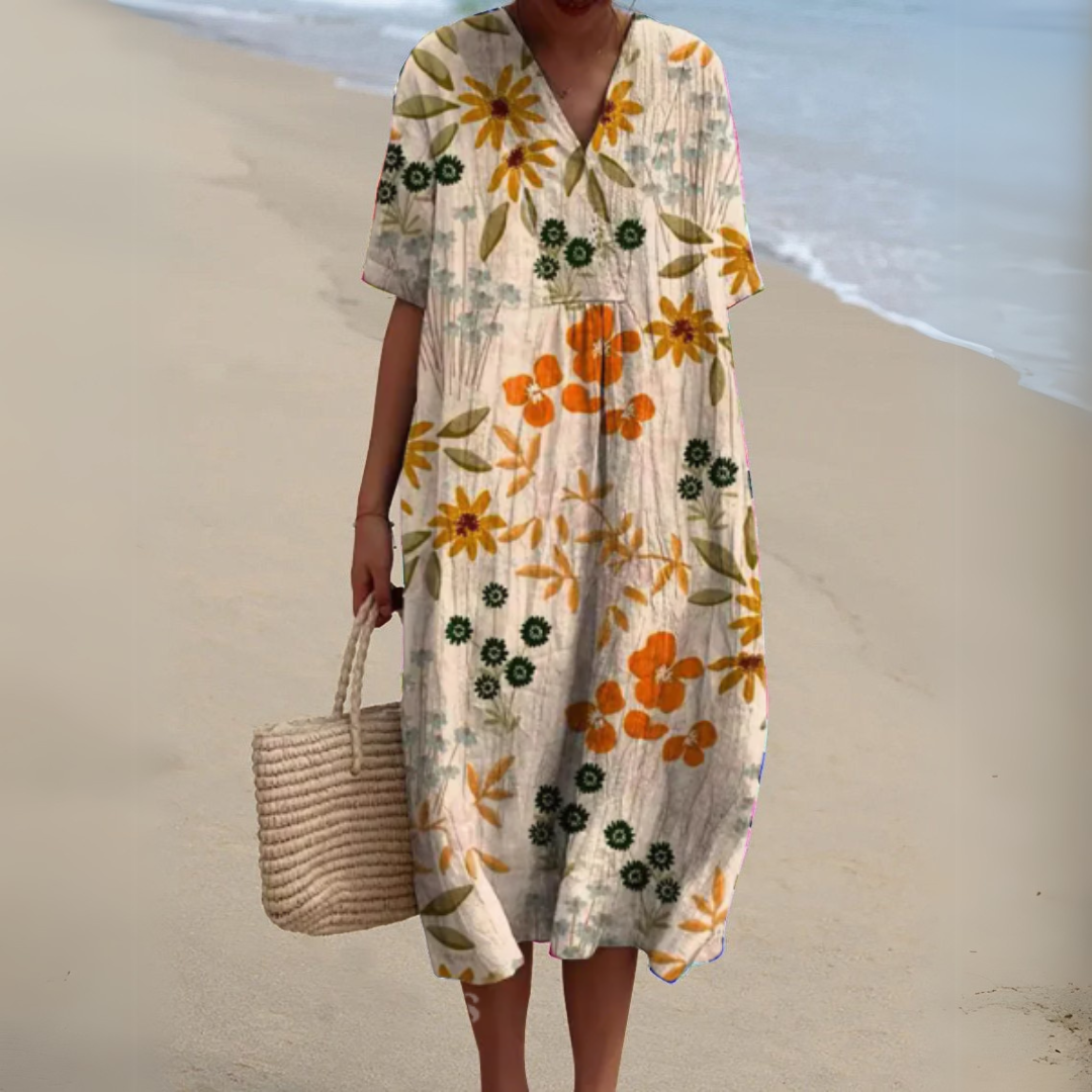 Women's Midi Dress | Relaxed Painted Floral Dress With Short Sleeves