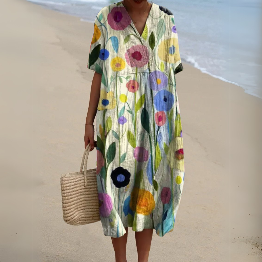 Women's Midi Dress | Relaxed Painted Floral Dress With Short Sleeves