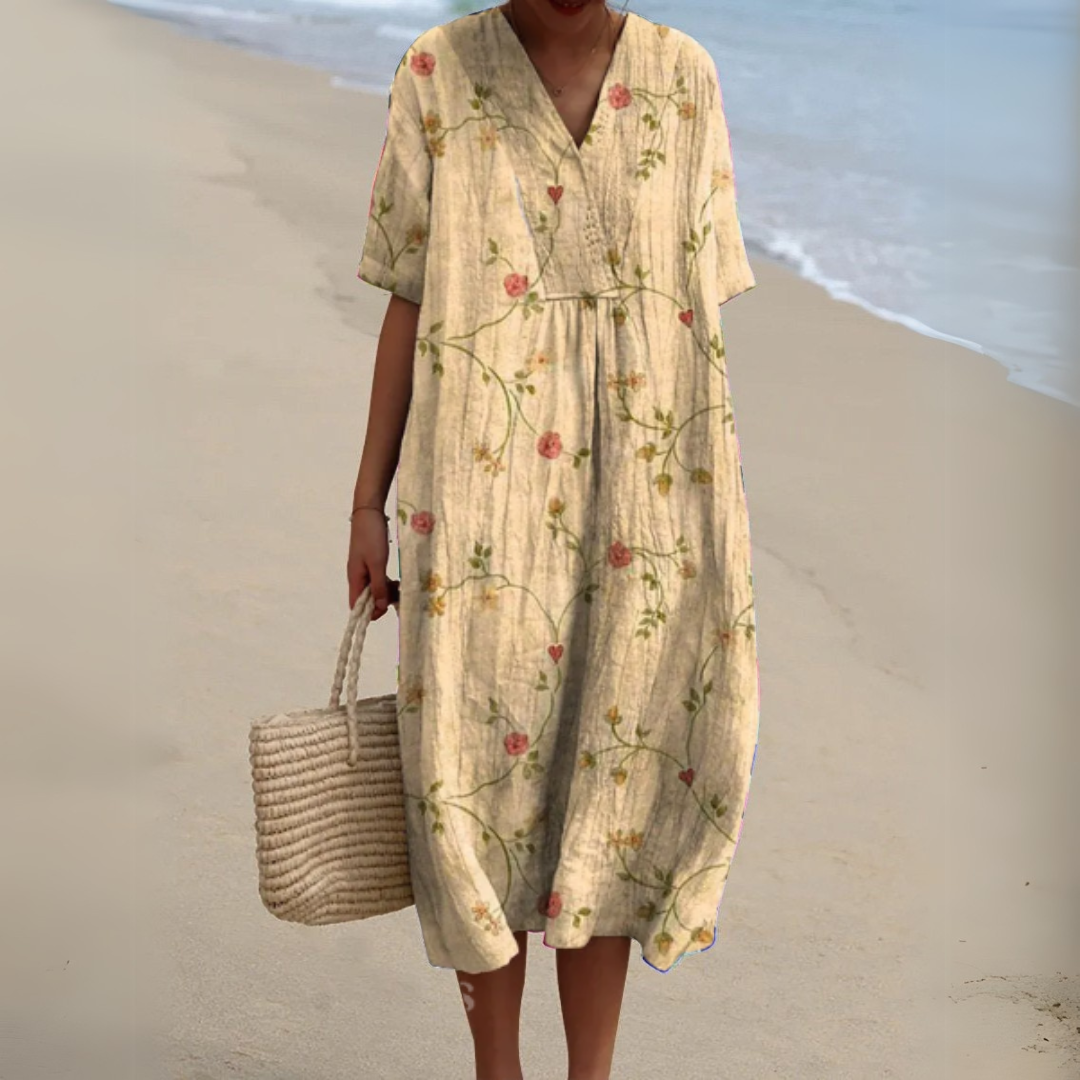 Women's Midi Dress | Relaxed Painted Floral Dress With Short Sleeves