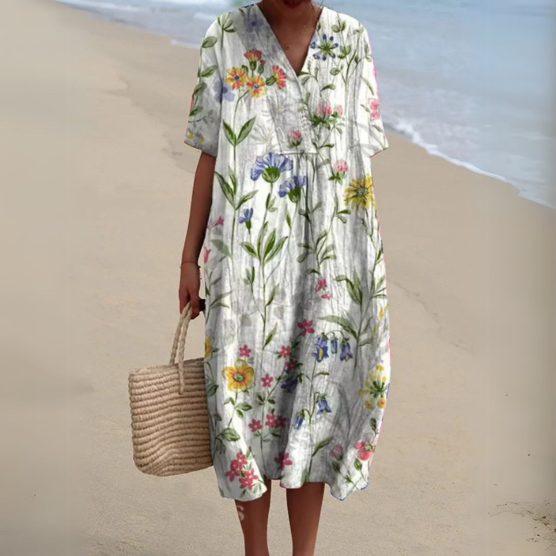 Women's Midi Dress | Relaxed Painted Floral Dress With Short Sleeves