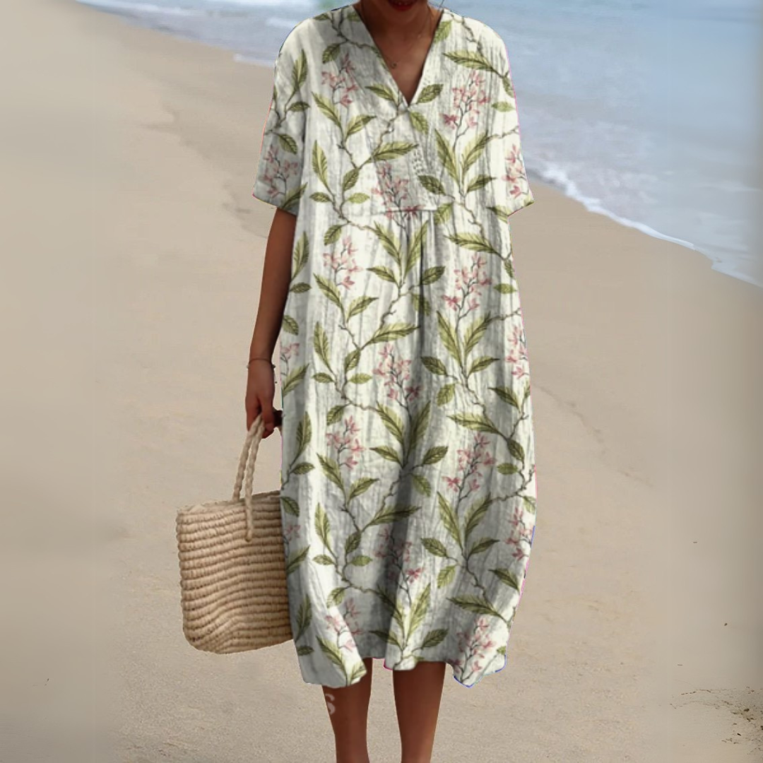 Women's Midi Dress | Relaxed Painted Floral Dress With Short Sleeves