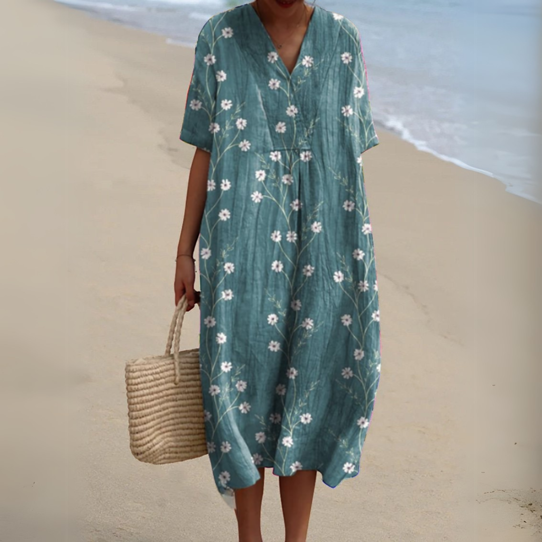 Women's Midi Dress | Relaxed Painted Floral Dress With Short Sleeves