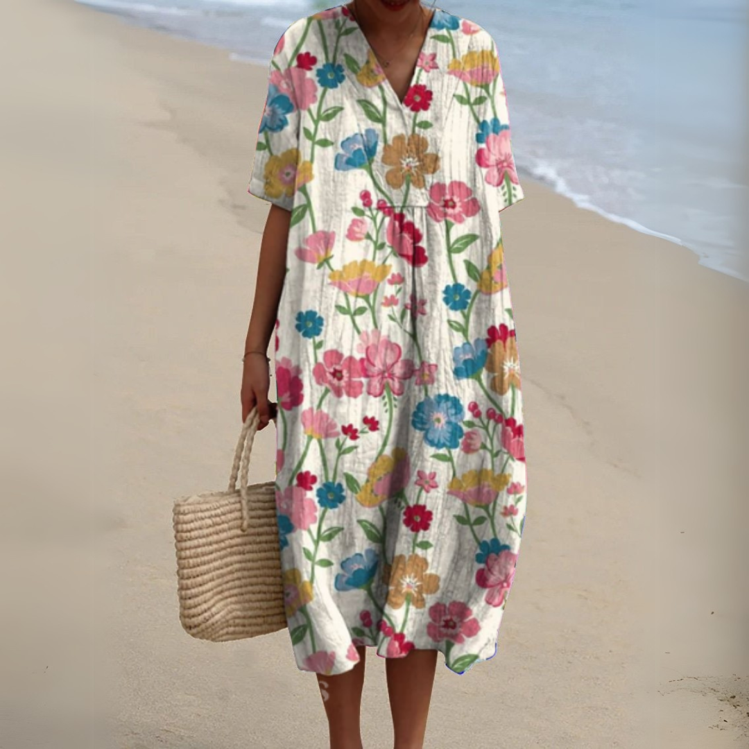 Women's Midi Dress | Relaxed Painted Floral Dress With Short Sleeves