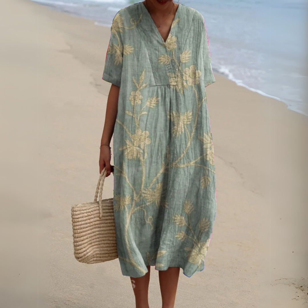 Women's Midi Dress | Relaxed Painted Floral Dress With Short Sleeves