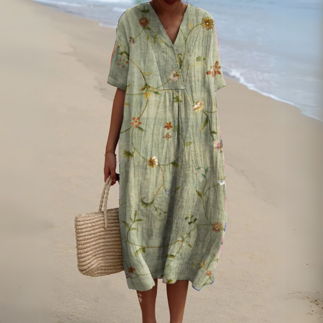 Women's Midi Dress | Relaxed Painted Floral Dress With Short Sleeves