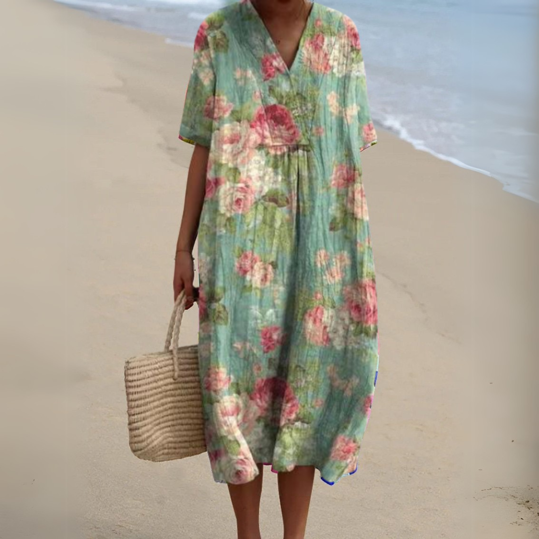 Women's Midi Dress | Relaxed Painted Floral Dress With Short Sleeves