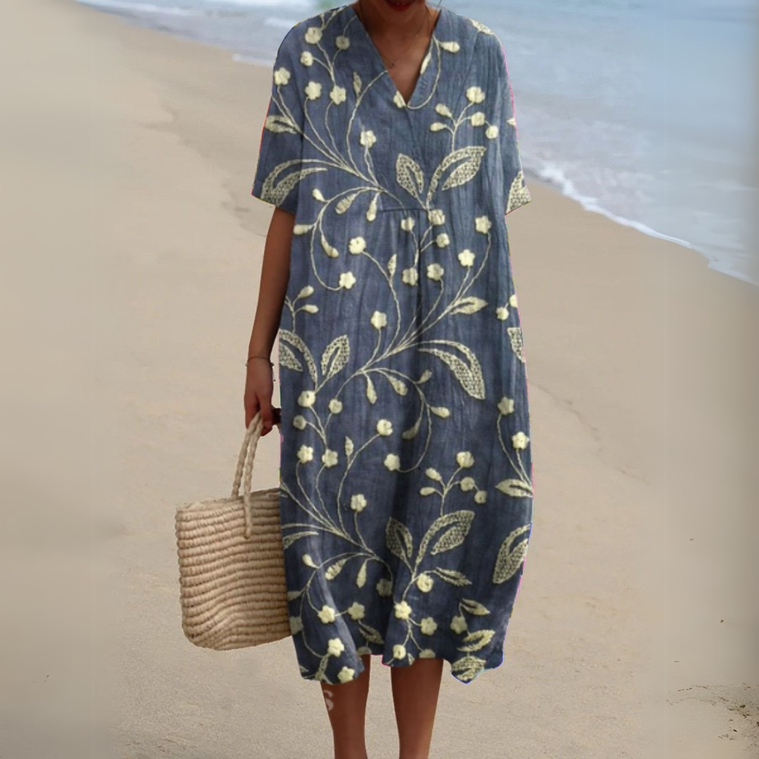 Women's Midi Dress | Relaxed Painted Floral Dress With Short Sleeves