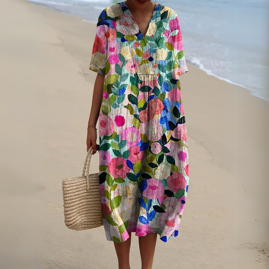 Women's Midi Dress | Relaxed Painted Floral Dress With Short Sleeves