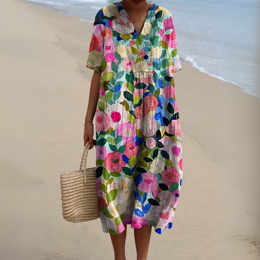 Women's Midi Dress | Relaxed Painted Floral Dress With Short Sleeves