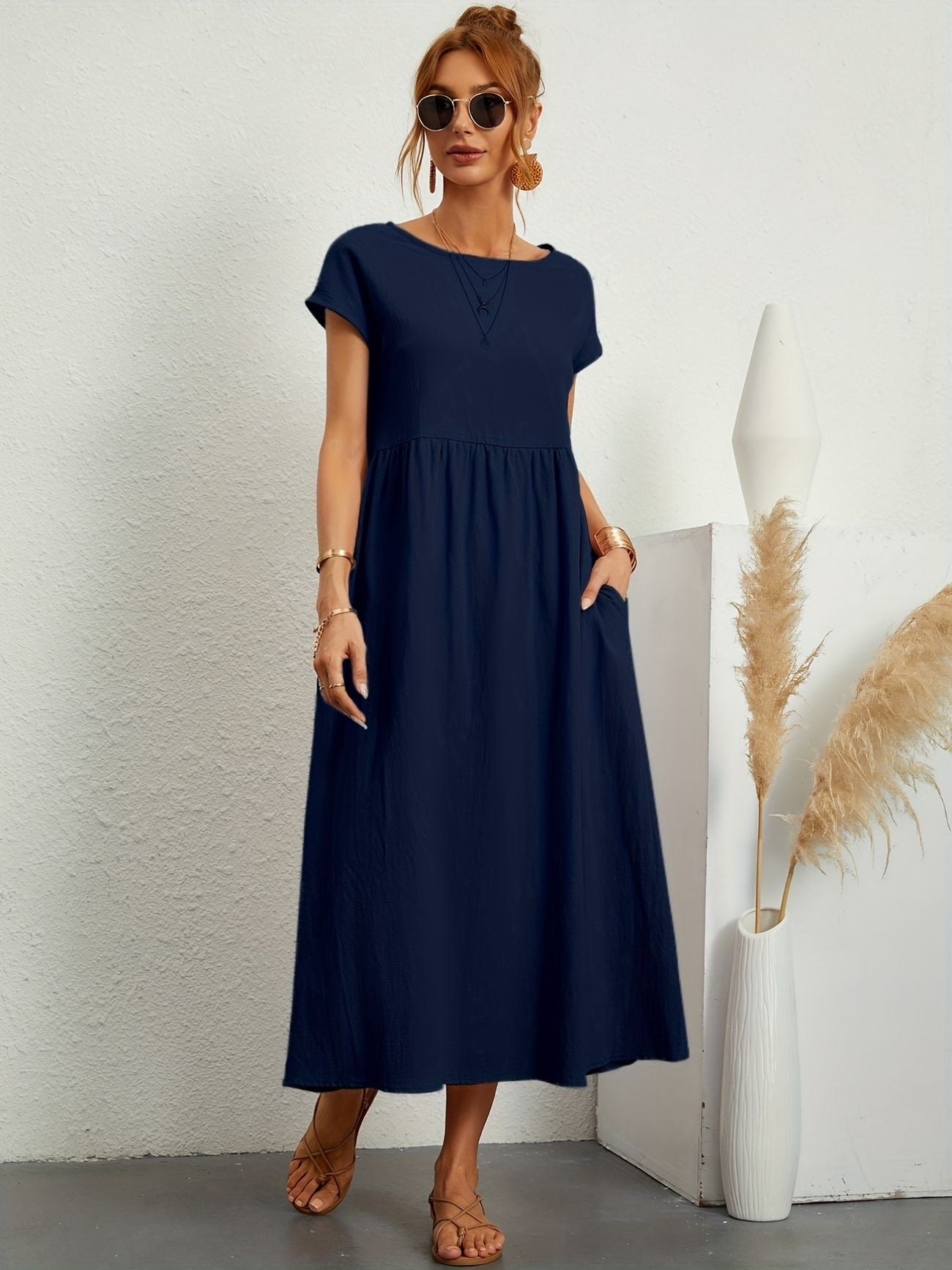 Women's Midi Dress | Round Neck Flowy A-Line