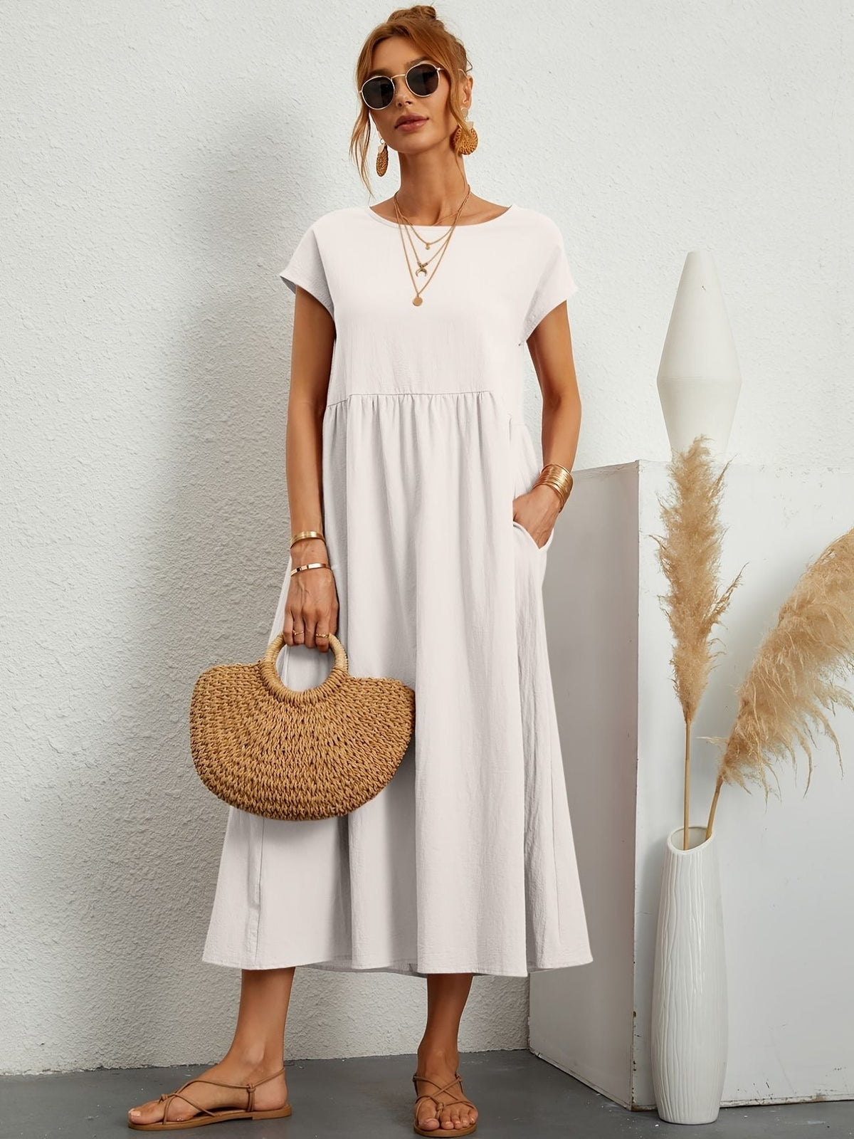 Women's Midi Dress | Round Neck Flowy A-Line