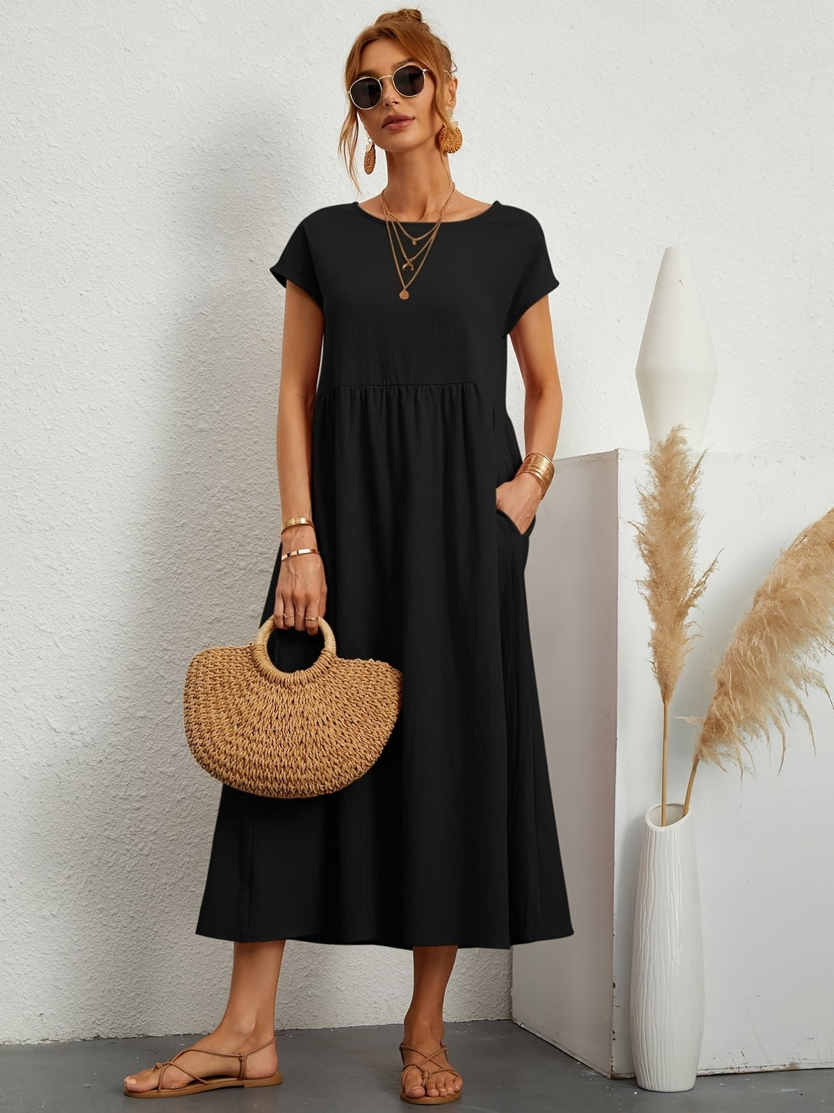 Women's Midi Dress | Round Neck Flowy A-Line