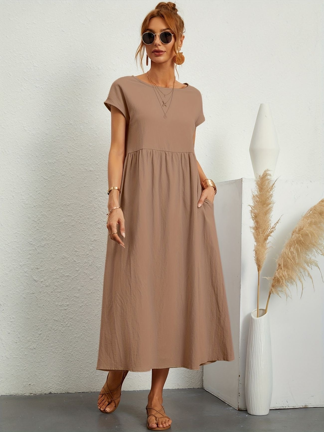 Women's Midi Dress | Round Neck Flowy A-Line