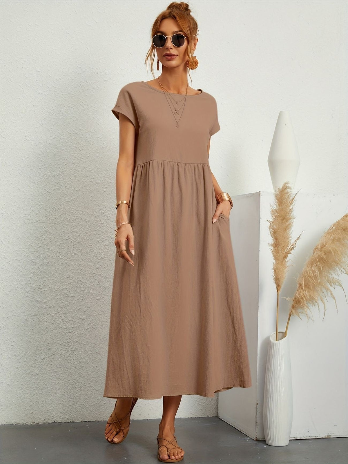 Women's Midi Dress | Round Neck Flowy A-Line