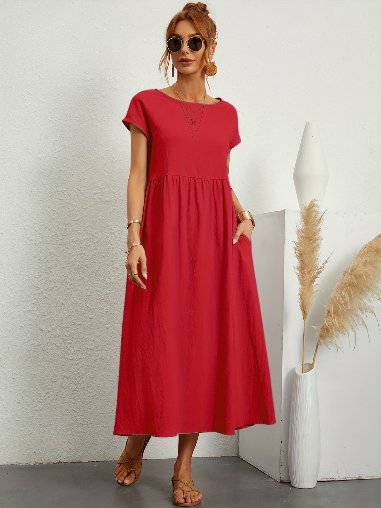 Women's Midi Dress | Round Neck Flowy A-Line