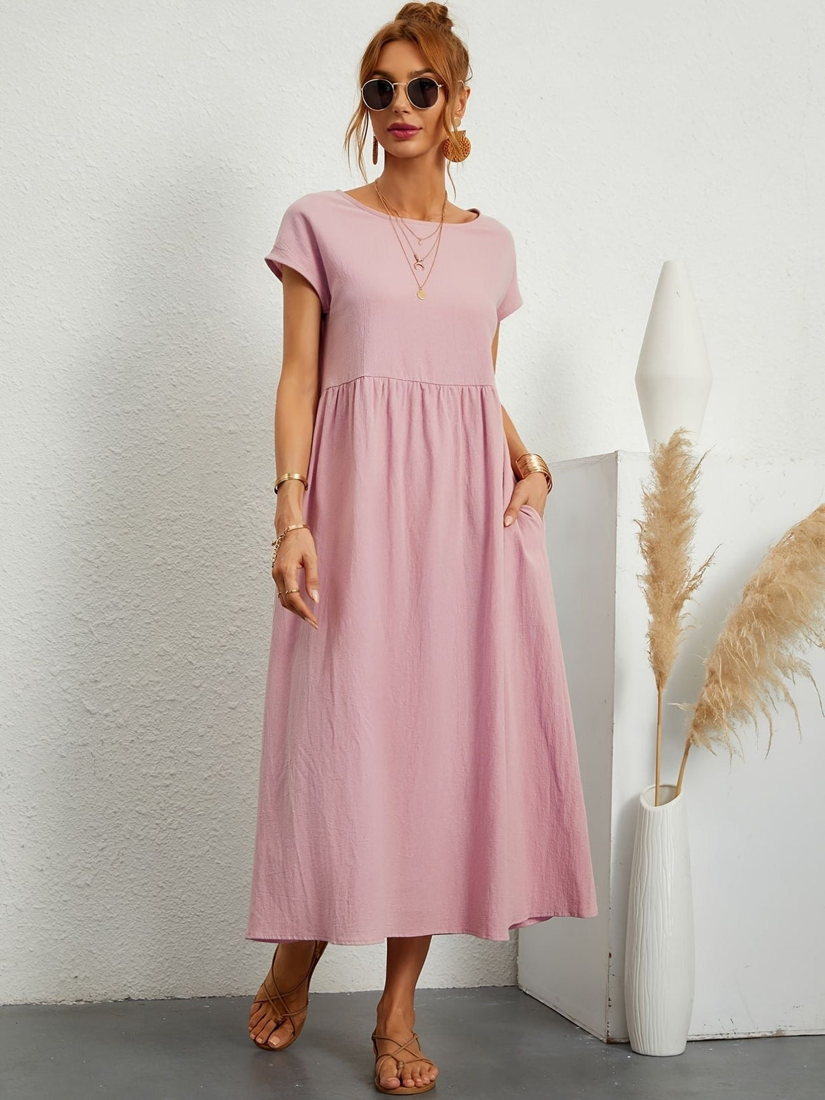 Women's Midi Dress | Round Neck Flowy A-Line