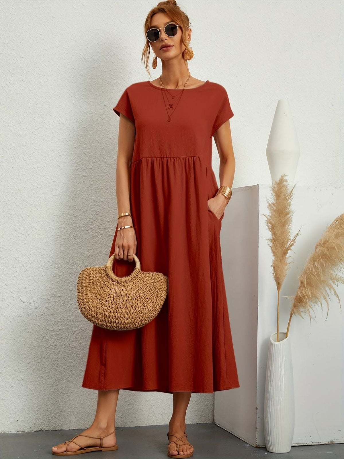 Women's Midi Dress | Round Neck Flowy A-Line