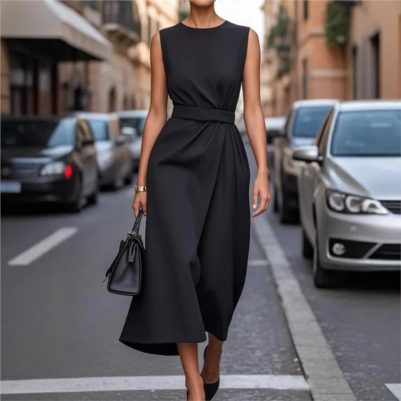 Women's Midi Dress | Round Neck Sleeveless & Draped Waist Detail
