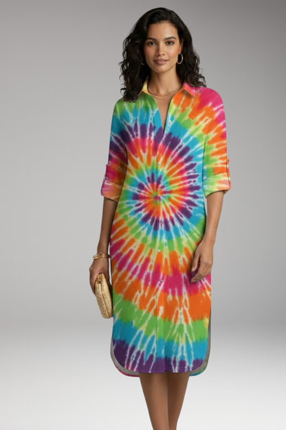 Women's Midi Dress | Shirt Dress With Roll Tab Sleeves