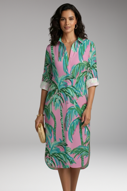 Women's Midi Dress | Shirt Dress With Roll Tab Sleeves
