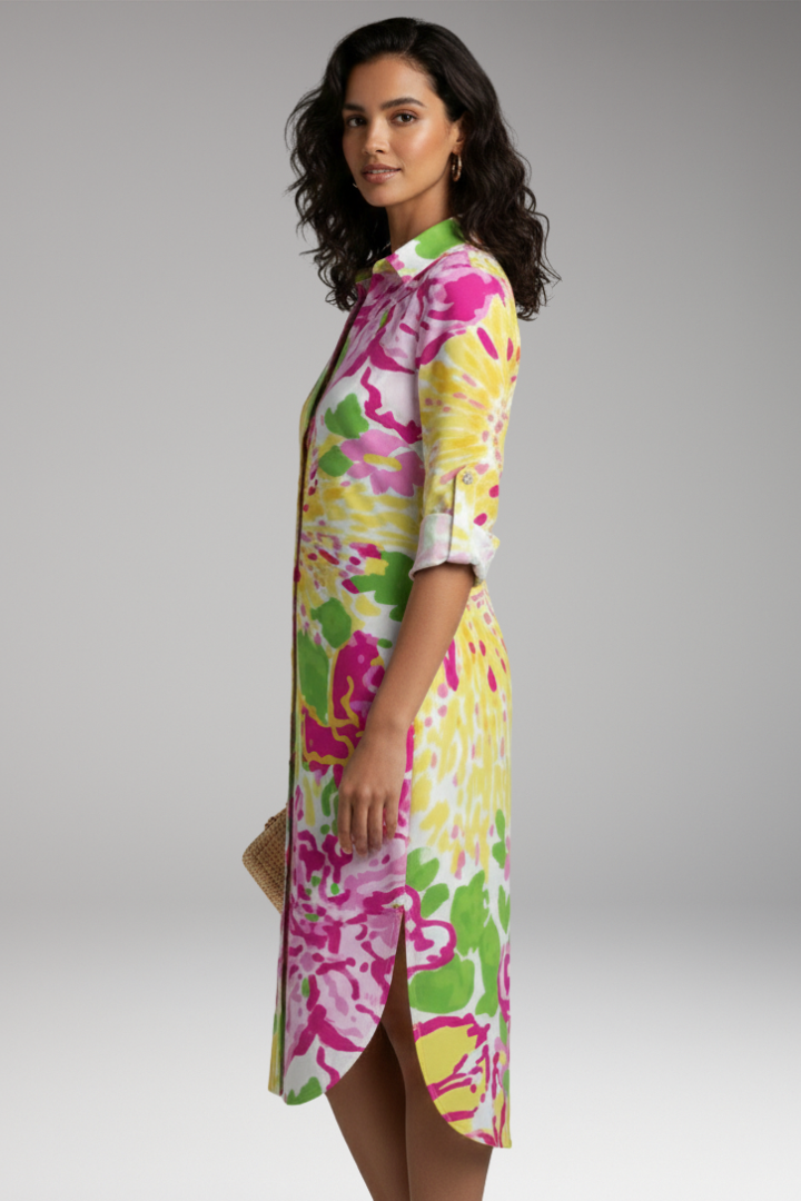 Women's Midi Dress | Shirt Dress With Roll Tab Sleeves
