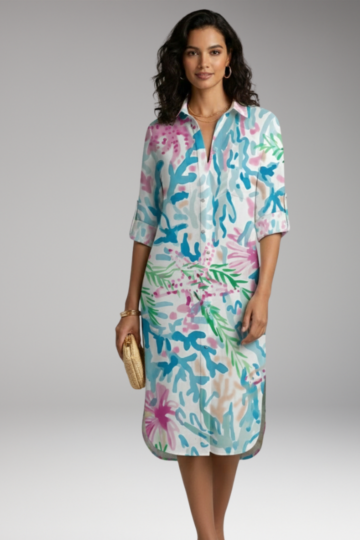 Women's Midi Dress | Shirt Dress With Roll Tab Sleeves
