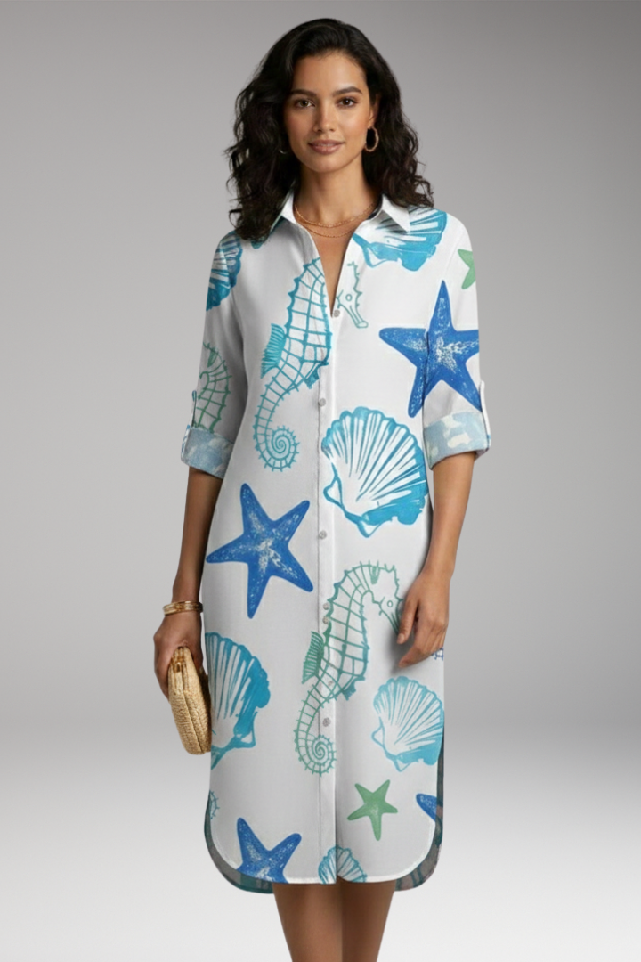 Women's Midi Dress | Shirt Dress With Roll Tab Sleeves