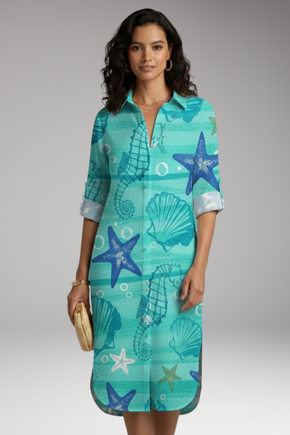 Women's Midi Dress | Shirt Dress With Roll Tab Sleeves