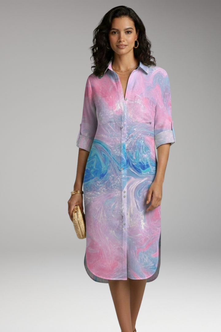 Women's Midi Dress | Shirt Dress With Roll Tab Sleeves