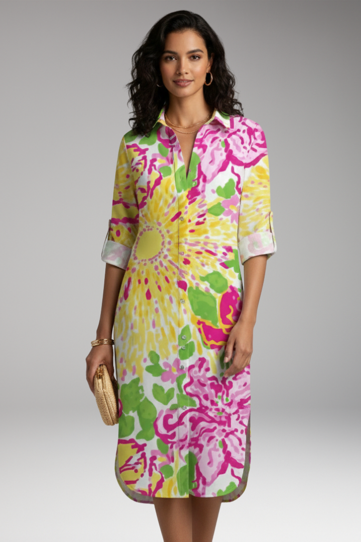 Women's Midi Dress | Shirt Dress With Roll Tab Sleeves