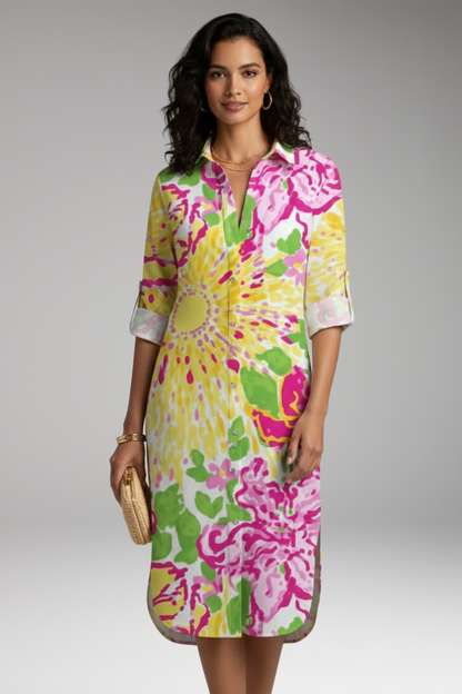 Women's Midi Dress | Shirt Dress With Roll Tab Sleeves