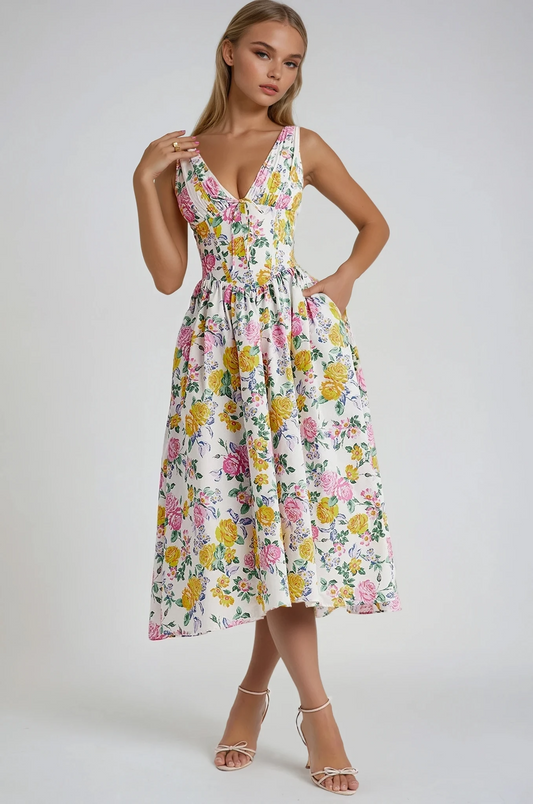 Women's Midi Dress | Sleeveless V-Neck Floral with Fitted Bodice and Full Skirt